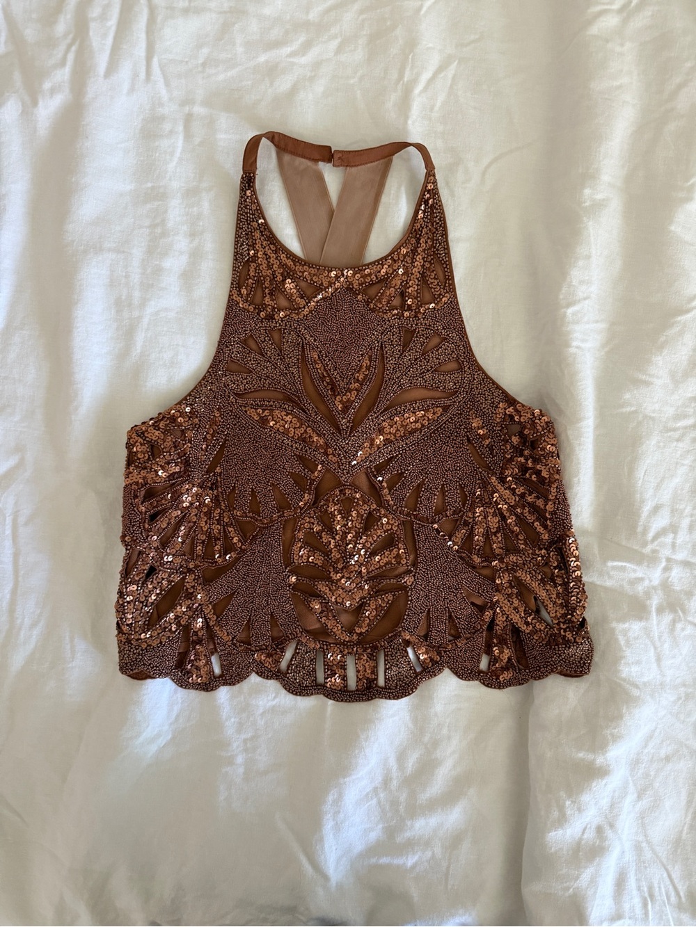 MAEVE Embellished Copper Sequin Halter Crop Top